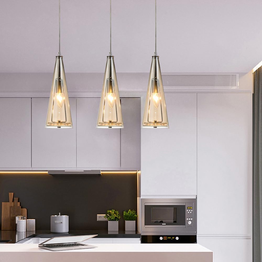 Lampadario a Sospensione Regolabile a 3 luci con Perline di Cristallo per Isola Cucina e Sala da Pranzo - Elegante Lampada da soffitto Color Cognac