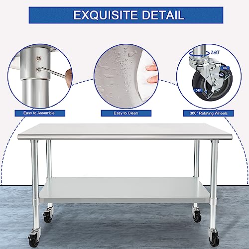 Image of HARDURA Stainless Steel Table with Wheels 24 x 60 Inches Casters NSF Heavy Duty Commercial Work & Prep Table with Undershelf and Galvanized Legs for Restaurant Kitchen Bar and Hotel Garage