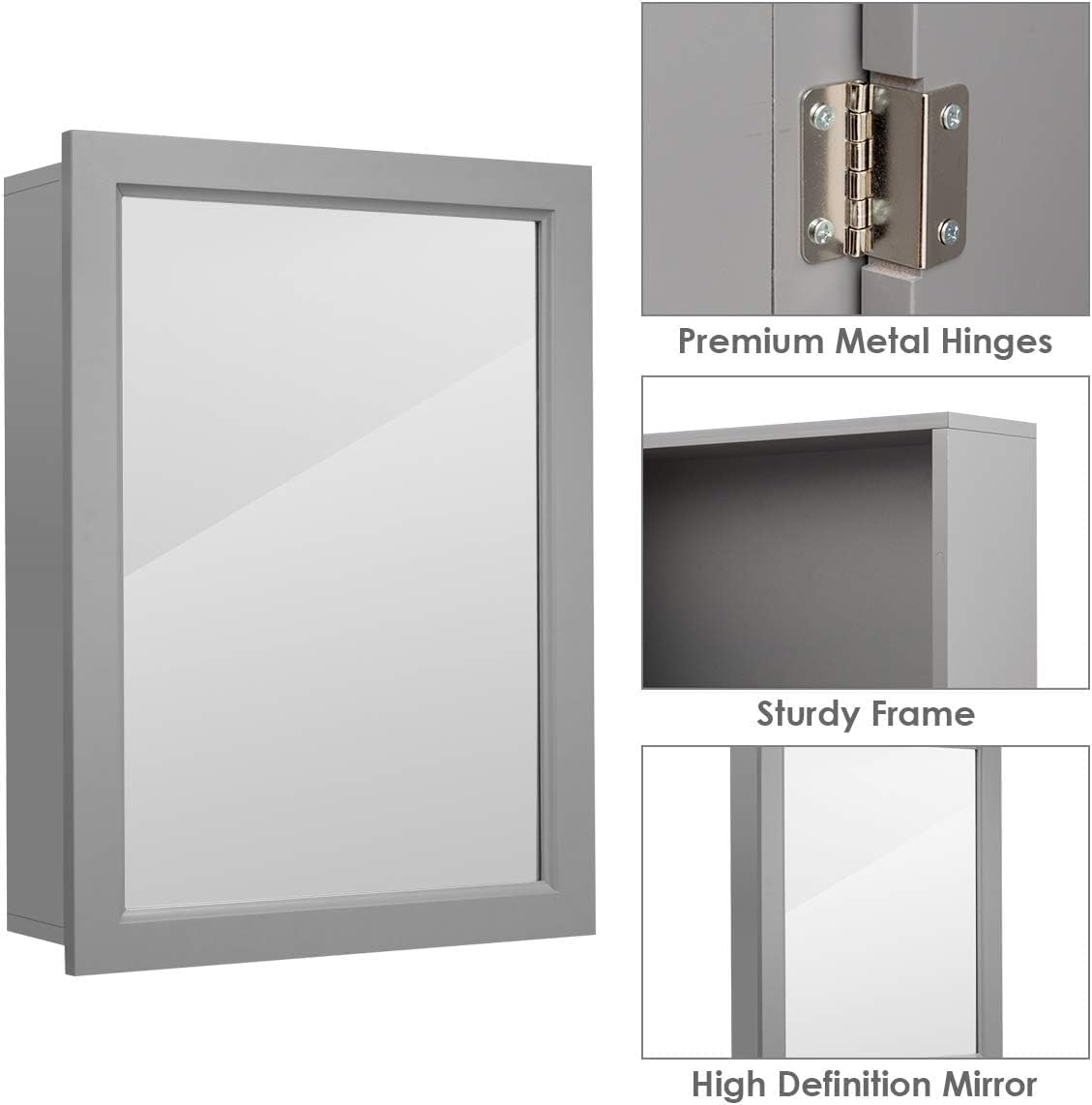 GOFLAME Bathroom Medicine Cabinet, Wall Mount Mirrored Storage Cabinets w/Single Door & Adjustable Shelf, Multipurpose Wooden Organizer for Hallway Living Room Bedroom, Grey