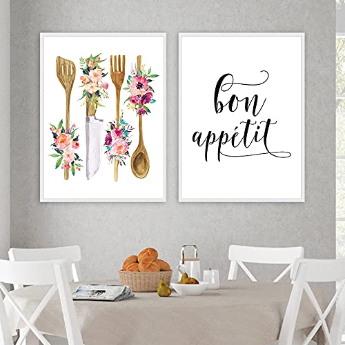 Art imprime cuisine Bon appétit affiches de décoration murale aquarelle florale en toile 60x90cm