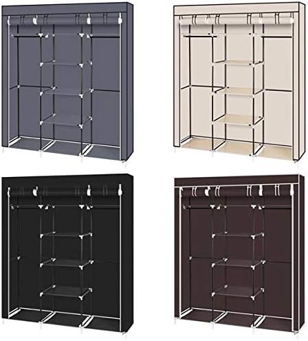 Hommdiy 69" Portable Clothes Closet Non-Woven Fabric Wardrobe Double Rod Storage Organizer (Beige)