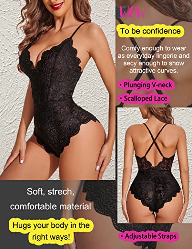 Image of Avidlove Sexy Lingerie for Women Deep V Teddy Sheer Lace Bodysuit Snap Crotch One Piece Babydoll