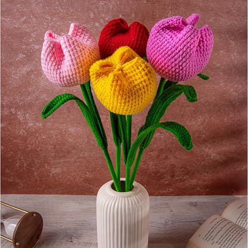 Image of Tulip Crochet Flowers | Handcrafted Artificial Woolen Flower with Long Stem | Natural Looking Knitted Flower for Home, Living Room, Vase & Bouquet Decoration & Gifting |Red-Yellow-Pink-BabyPink