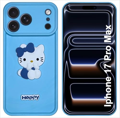 Image of SBMS Silicone Back Cover Case for iPhone 17 Pro Max | Cute Fun 3D Happy Kitty Design Silicone Case | Camera Protection Bump | Shockproof Back Cover Case for iPhone 17 Pro Max (Sky Blue)
