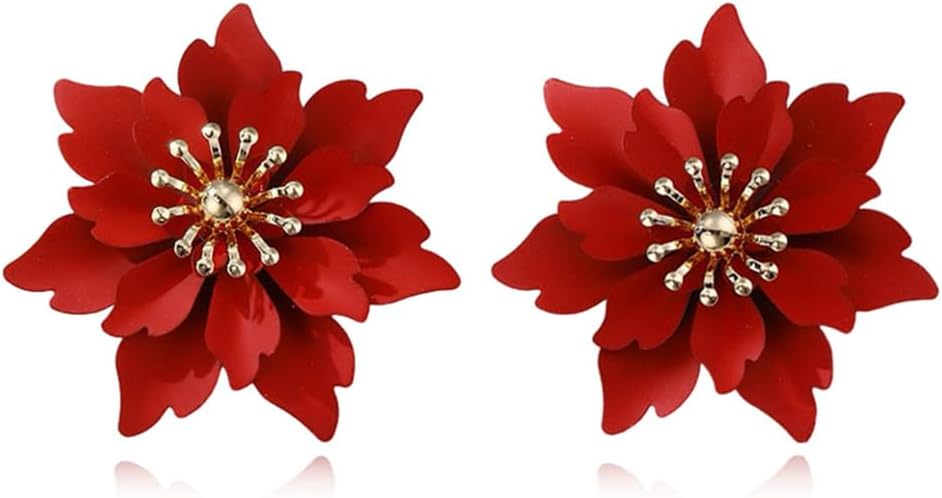 Bohemian Gold Camellia Flower Stud Earrings Chic Double Layer Peach Blossom Lightweight Dangle Drop Earrings For Women