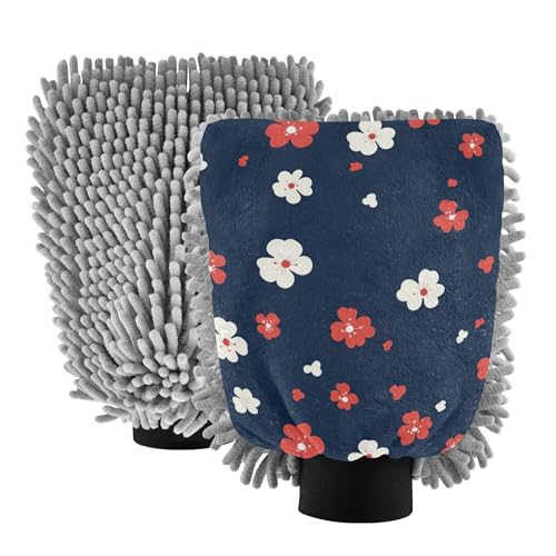 Retro Flowers Poppy Navy Blue Car Wash Microfiber Mitt 11.8'' Car Mitts for Washing Non Scratch Detailing Gloves for Auto Supplies