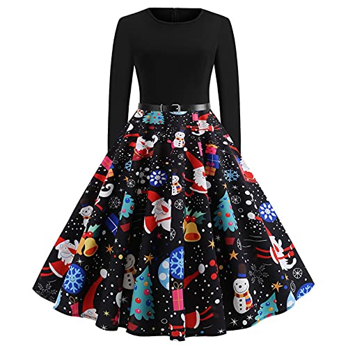 Women s Funny Print Christmas Dress with Belt Long Sleeve Cocktail Party Dress A Line Xmas Santa Print Midi Swing Prom Dress Black