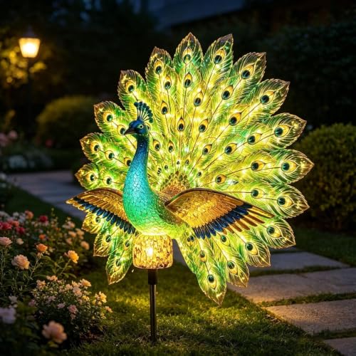 Solar Peacock Garden Sculpture, LED Outdoor Decor Light Peacock Colorful Dancing Tail Colorful Statue, Ideal for Backyard, Patio, Porch Decoration Gift (Green)