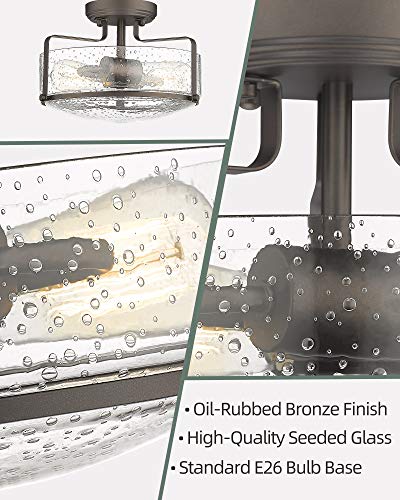 Semi Flush Mount Ceiling Light, Hwh Farmhouse Close To Ceiling Light Fixture With Seeded Glass, 2-Light Hallway Ceiling Light, Oil Rubbed Bronze Finish, 5Hzg41F Orb #TOP2
