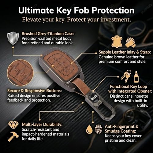 Image of Coll of Fest Premium Metal Leather Key Cover Compatible with Hyundai Creta | Venue | i20 | Tucson | Elantra | Alcazar | Creta 2022 4 Button Smart Key