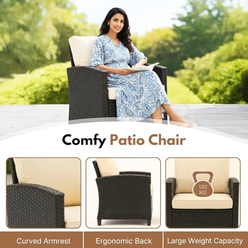 Image of DEVOKO Outdoor Wicker 3-Piece Patio Furniture Set with All-Weather Cushions & Rust Resistant Metal Frame UV-Resistant Furniture Design Perfect for Garden Balcony(Dark Brown & Cream)