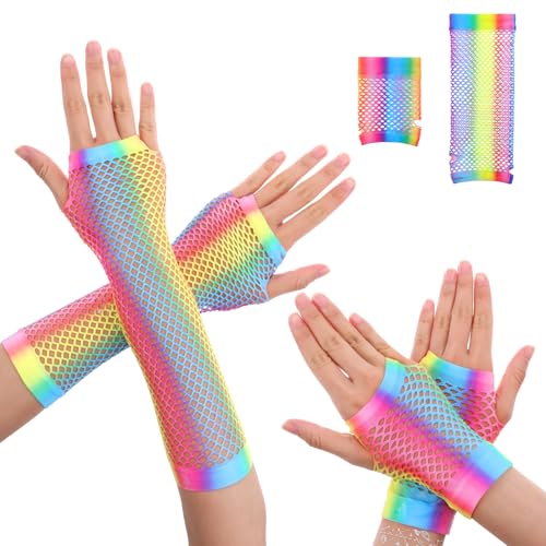 2 Pairs Stretchy Mesh Fishnet Fingerless Gloves Rainbow Fishnets for Women Girls Theme Party Costume Accessory Halloween