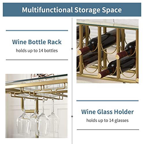 Oiog Gold Bar Cart With Wine Rack, Glass Bar Serving Cart For Liquor, 3-Tier Wine Carts Stemware Holder For The Home And Kitchen Dining Room #TOP6