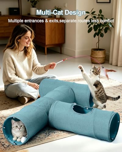 Image of Cat Tunnel, 3 Straight Shaped Tunnels 6 DIY Shapes with Wand Toys, No Noise Scratch Resistant Cool Linen Fabric, Interactive Pet Tunnel Tube for Indoor Cats, Puppy and Rabbits