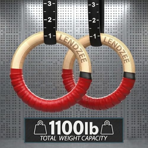 Image of Birch Wood Gymnastic Rings with Heavy Duty Adjustable Strap Capacity with 14.5ft Adjustable Buckle Straps for Cross Fitness Functional Training for Home Gym Full Body Workout