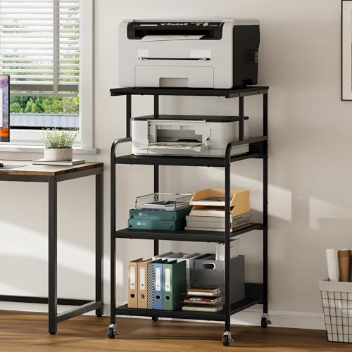 Image of Warmiehomy Extra Tall & Large Printer Stand, 24 inch x 24 inchx 46'' Height 4 Tier Metal Printer Table for Home Office, Printer Stand with Adjustable Storage Shelf, Rolling Cart for 3D Laser Printer (Black)