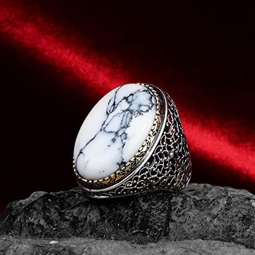 Silver Large Turquoise Men Ring, White Turquoise Men Silver Ring, Oval Gemstone Ring, Turkish Handmade Ring, 925K Sterling Silver Ring #TOP1