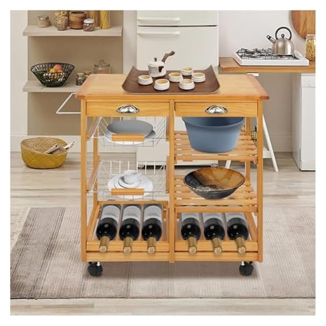 Kitchen Island Trolley Rolling Kitchen Island with Storage Utility Wood Tabletop, Wood Mobile Kitchen Island Serving Cart On Wheels with Towel Rack Rolling Kitchen cart-MoAGL2iw
