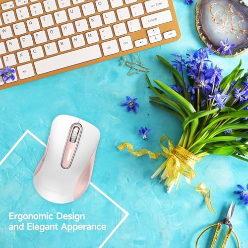 Image of memzuoix 2.4G Wireless Mouse, 1400 DPI Computer Mice with USB Receiver, Portable Wireless USB Mouse Battery Powered Cordless Mice for Laptop, PC, Desktop, 5 Buttons (White Pink)