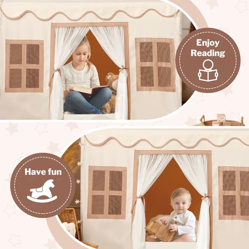 Girls Play Tents for Kids Toys, Large Fairy Children Playhouse for Toddlers Princess Tent, Infant Birthday Gifts for Baby Indoor & Outdoor Play Games, Beige (Girl Tent with Mat and Lights) - Image 5