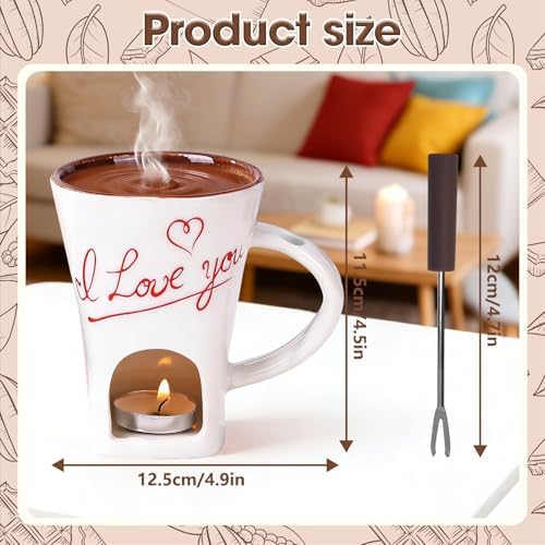 Kivomorn Chocolate Fondue Gift Set - Ceramic Mug with Fork & 2 Tealights for Melting Chocolate, Cheese, Candy | Valentine‘s, Birthday Present, Anniversary Gift for Date Night (White) - 3