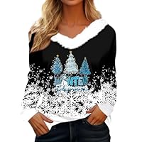 Pull Moche Noels Femme Col en V Fourrure Manches Longue Tee Shirt Noel Drole Moche Imprimé Noël Christmas Sweatshirt Lumineux Automne Hiver Chaud Pulls Noëls Femmes
