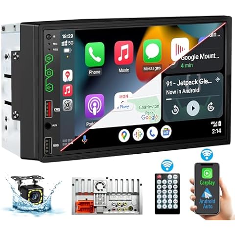 [Upgraded DSP] 7'' Wireless Double Din Car Stereo Apple Carplay Android Auto, 240W Enhanced DSP Sound, FM/AM Radio, 7 Inch LCD Ultra HD Touchscreen, Bluetooth Handsfree, Waterproof Backup Camera, SWC Cover