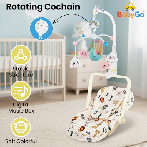 Image of BabyGo 5-in-1 Carry Cot with Rocking Chair, Safety Belt & Canopy + Rotating Stars Musical Crib Mobile |Newborn Soothing Jhoomer, Rattle Hanging Toy for Cradle & Infant Bed (Combo Pack)