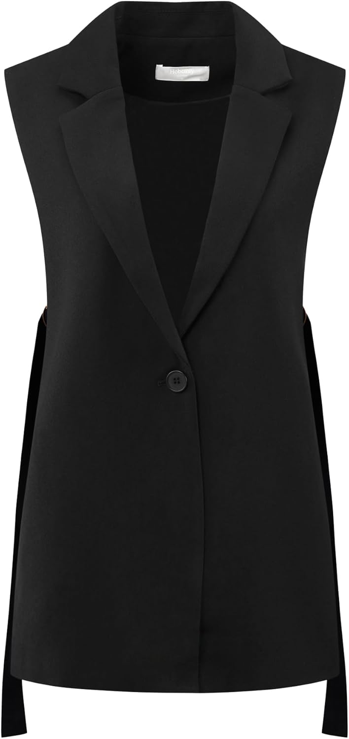 Women's Long Vest Sleeveless Lapel Collar Open Front Office Work Suit Jacket Blazer