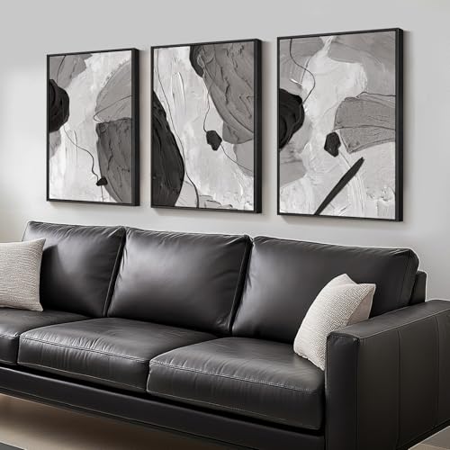Large Framed Black and White Gray Abstract Wall Art, Set