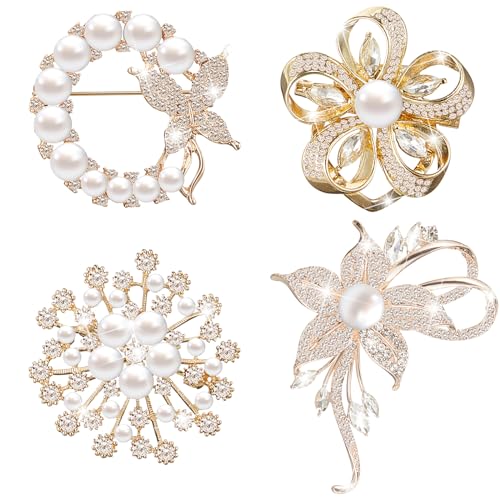 Ecally 4 Pcs Brooches and Pins for Women Crystal Pearl Brooch for Wedding Christmas Teacher Appreciation Gift