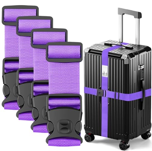 Image of BILIONE Luggage Straps Adjustable Suitcase Belt, Lockable Against Accidental Opening, Easy to Identify Travel Accessories, Add a Bag Connector Holds Suitcase (Lucky Purple, 4 Pack)
