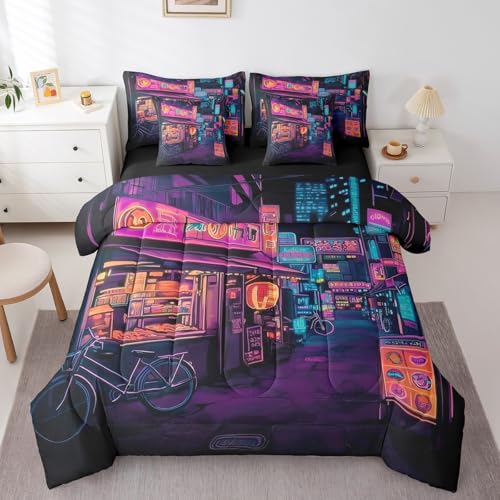 Feelyou Japan Art Comforter Set 7 Pieces Full Size Tokyo Anime Bedding Set for Boys Girls Japanese Night City Bed in a Bag with Comforter, Sheets, Pillowcases & Cushion Covers