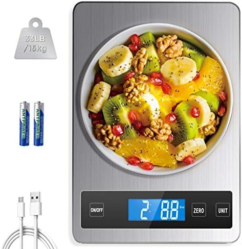 Howeifull USB Rechargeable Food Scale, 33lb Kitchen Scale Digital Weight Grams and Ounces Oz for Cooking Baking, 1g/0.04oz Precise Graduation, 5 Units, Tare Function, Stainless Steel