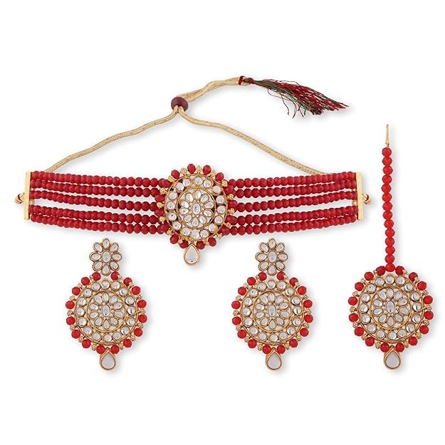 EVY Traditional Crystal Choker Beads Necklace Set With Maang Tikka and Earrings Combo Set For Women & Girls, Perfect for Gift