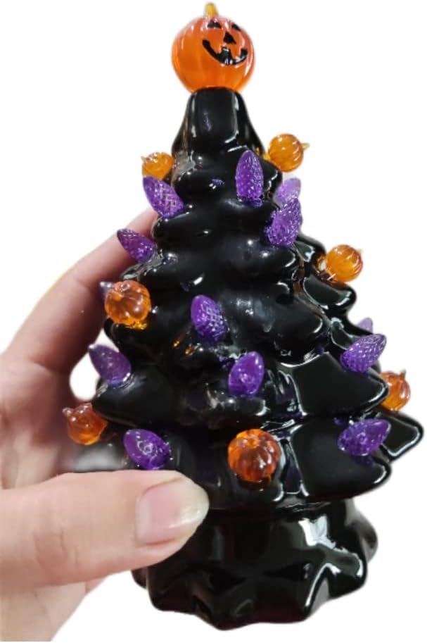 Halloween Ceramic Tree Decorations, Lighted Black Ceramic Tree with Glowing Pumpkin Lights, Battery Powered Tabletop Lamp for Indoor Home Office Halloween Fall Decor