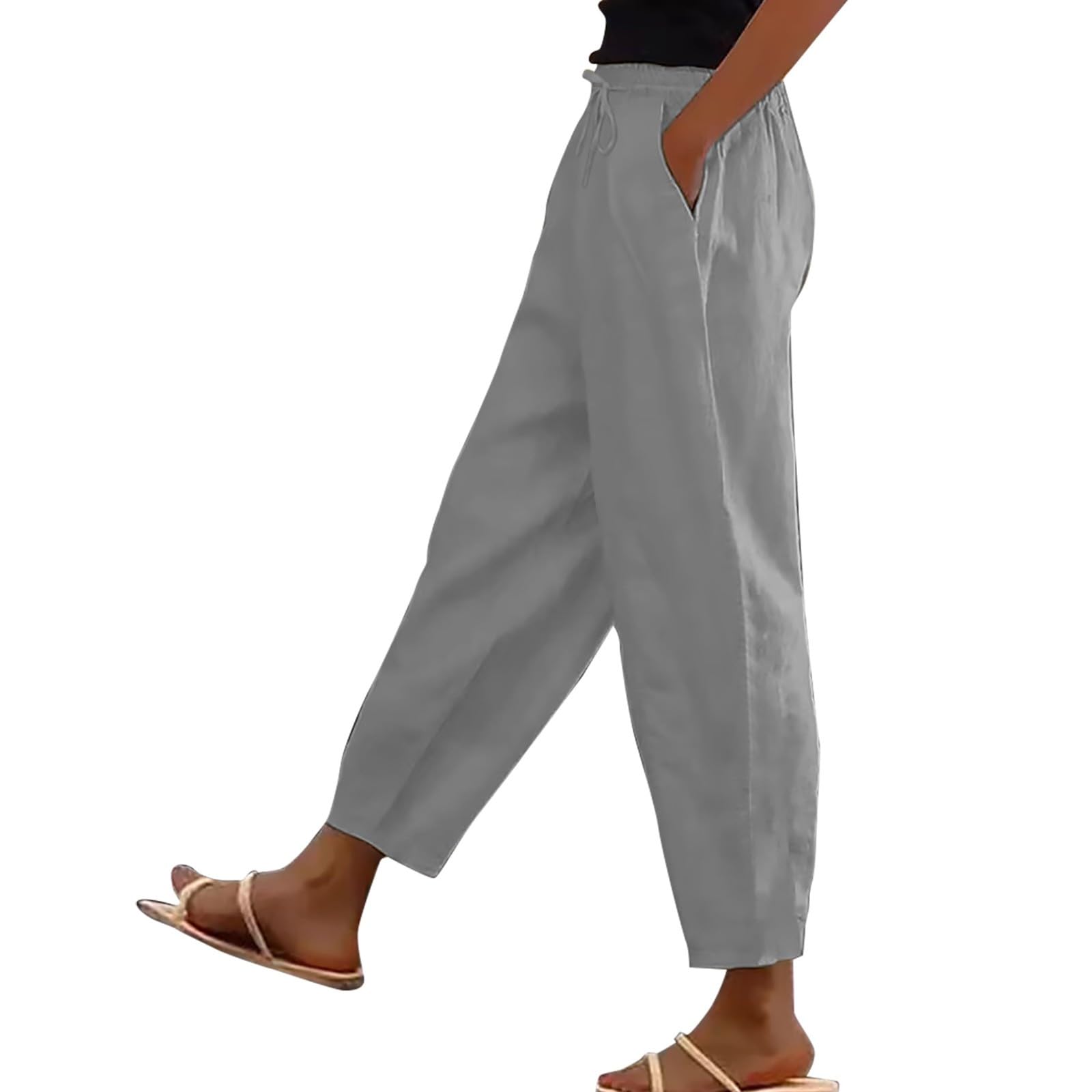 Cotton Linen Trousers Women Lightweight Loose Summer Pants Drawstring Elastic Solid Color Bottoms Straight Wide Leg Joggers with Pockets Casual Baggy Tracksuit Beach Wear