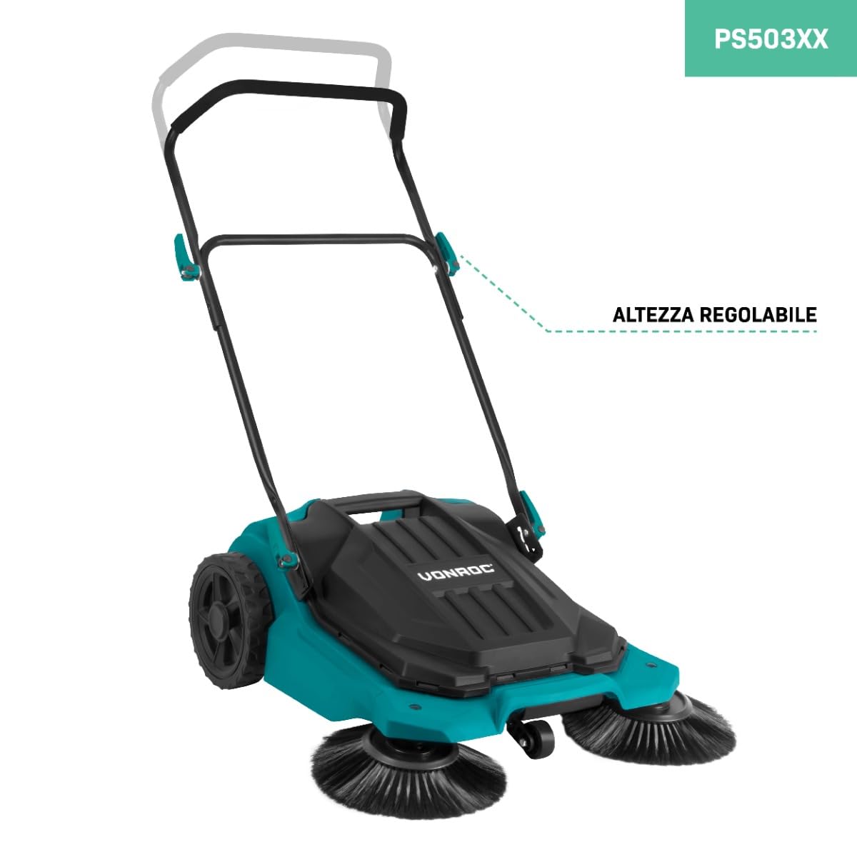 VONROC Spazzatrice Manuale a Spinta- Larghezza di spazzamento 65 cm - Contenitore da 18 Litri - 2600 m² all'ora - per Pavimenti duri Interni ed Esterni - 3 spazzole di Pulizia in Dotazione