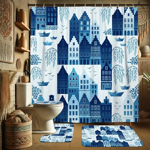 Rideau de douche imperméable en polyester bleu lavable pour baignoire saine
