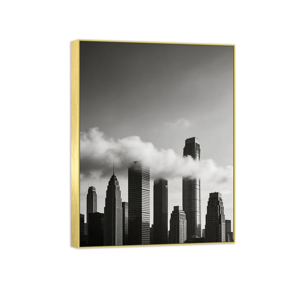OZPWBVY Buildings 3 Black White Landscape Canvas Picture 50x65cm Gold Frame