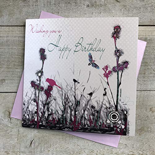 WHITE COTTON CARDS Meadow WB208-Biglietto di Auguri di Compleanno Fatto a Mano, con Scritta Wishing You A Happy Birthday, Bianco