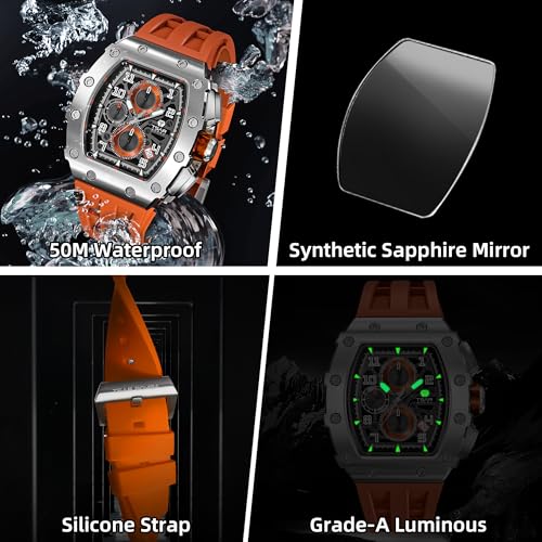 Image of TSAR BOMBA Mens Luxury Watch Watches for Men 50M Waterproof Japanese Quartz Movement Tonneau Stainless Steel Case Sapphire Glass with Chronograph Date Function Cool Unique Fashion Gift