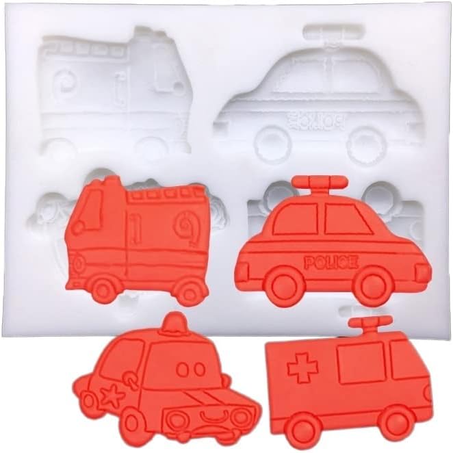 Molde de silicona para coche de policía para ambulancia para automóvil de bomberos de ambulancia, molde para hornear cupcakes, fondant, herramientas