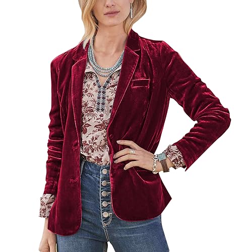 Mintlimit Casual Velvet Blazer Jacket For Women Long Sleeve V Neck Button Down Blazer Jackets With Pockets (Wine Red,S)