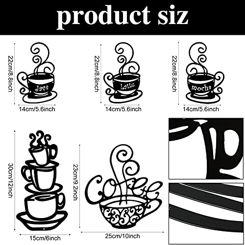 5 Pieces Metal Coffee Cup Wall Decor Black Coffee Cup Wall Silhouette Signs Cafe Themed Metal Wall Arts Vintage Coffee Cup Wall Decoration for Coffee Shop Coffee Bar Kitchen Restaurant Lounge Decor