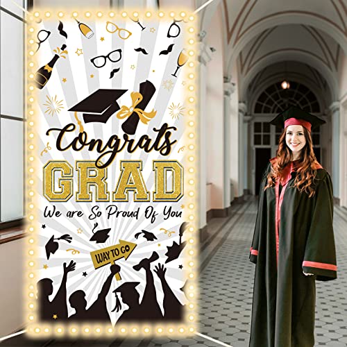 Image of 2024 Graduation Banner with Led-Light Strips Decor Congrats Grad Door Cover Banner Large Fabric Graduation Party Door Sign for Indoor Outdoor Photography Background Decorations 71 x 36 Inch (White)