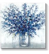 Abstract Bouquet Canvas Wall Art: Blue Flowers in Vase Artwork Print Painting for Living Room Off...