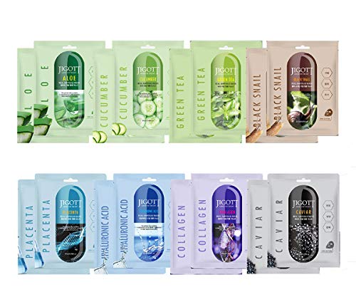 Jigott Korea Skin Care Real Ampoule Full Face Facial Mask Pack 2 of Each 8 Types A Set (16 Pack)