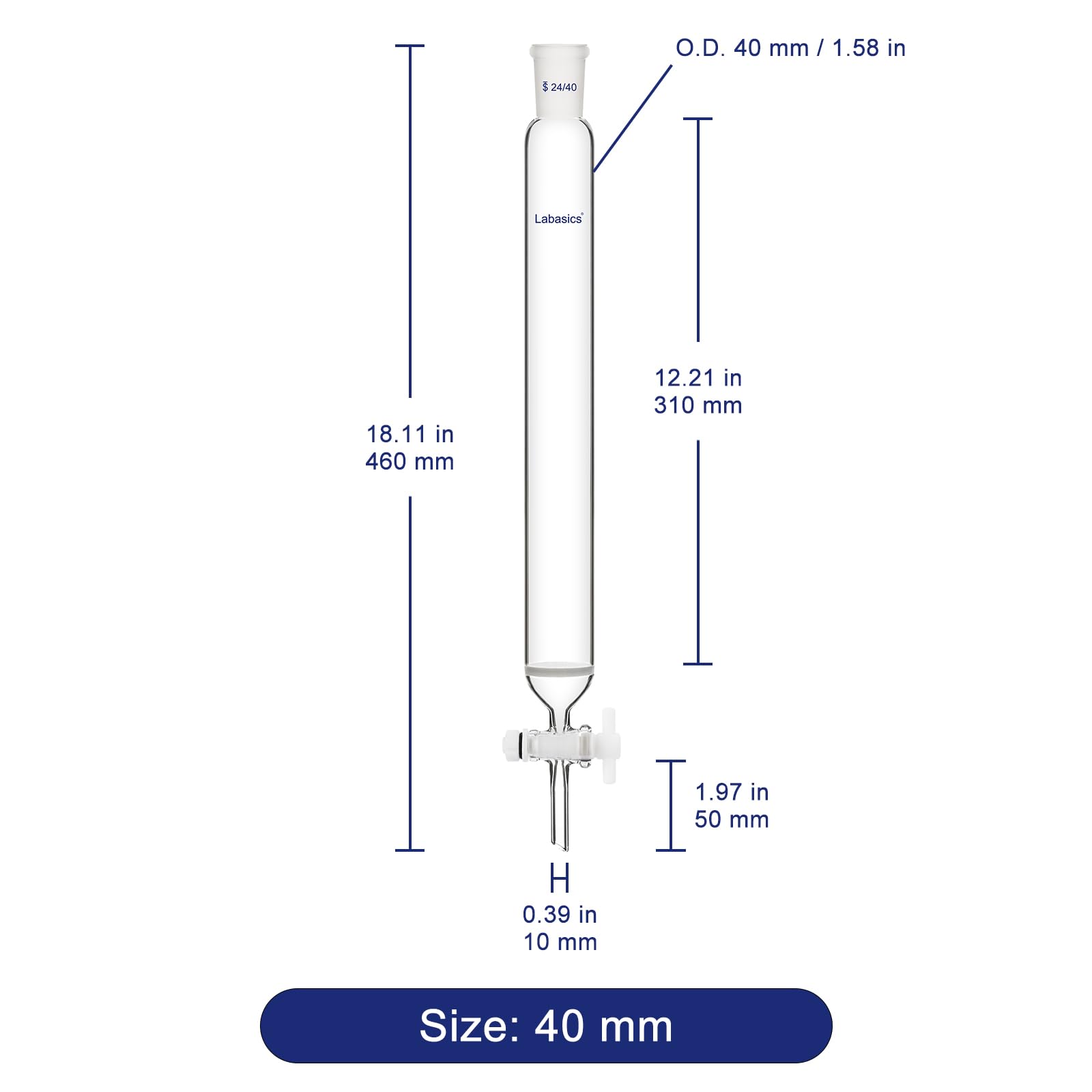 Labasics Colonna per Cromatografia in Vetro, Vetro Borosilicato 24/40 Giunto Standard Colonna per Cromatografia con Disco Fritto e PTFE Rubinetto, 300 mm Lunghezza Effettiva 40 mm Colonna O.D.