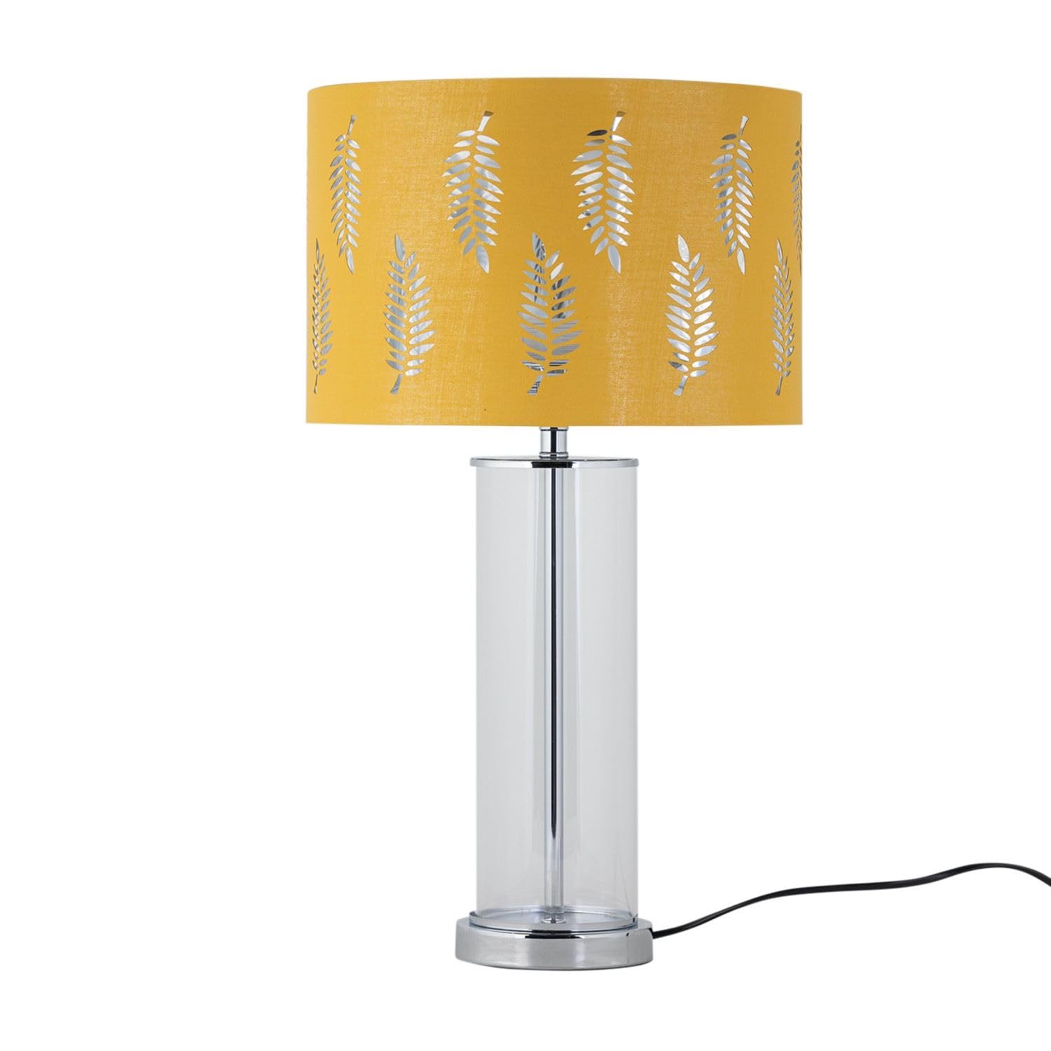 Firstchoicelighting Chrome & Ochre Modern Chrome & Glass Table Lamp Bedside Light With Ochre Fern Cut Out Shade, Led Compatible, Height 54Cm, Inline Switch